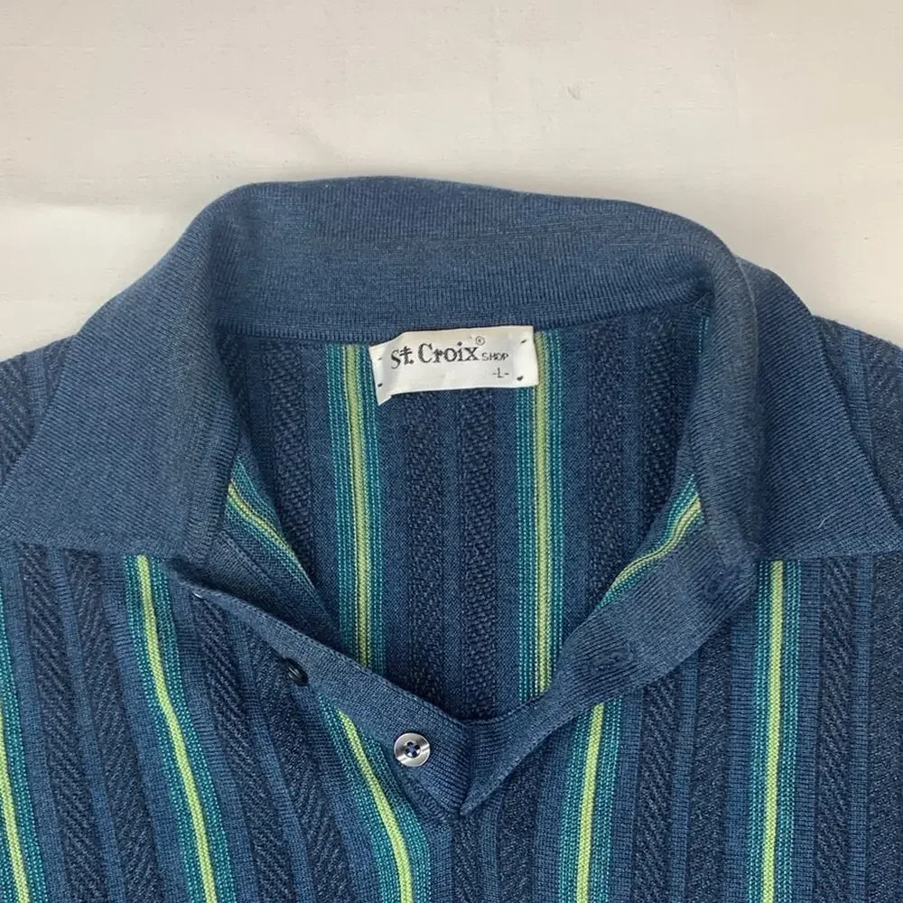 St Croix Men's large wool vintage Blue stripe Sweater flaw read
